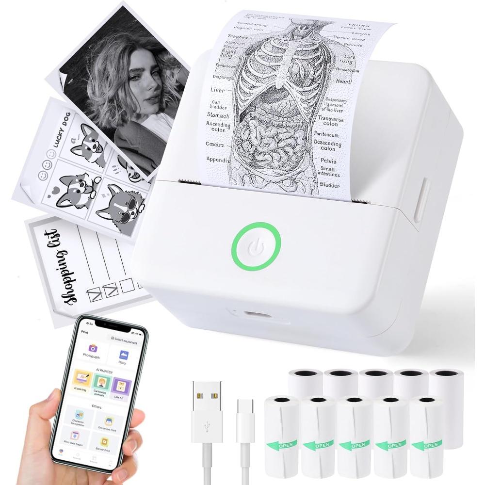 Print Pods Mini Printer, Sticker Printer with 10 Rolls Thermal Printing Paper, Inkless Pocket Printpod for Phone, Impresora Portátil