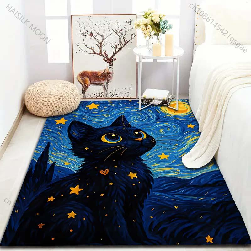 1PC Black Cat In Starry Night Carpet for Living Room Bedroom Sofa Home Decor Rus Non-slip Floor Mat Luxury Gift