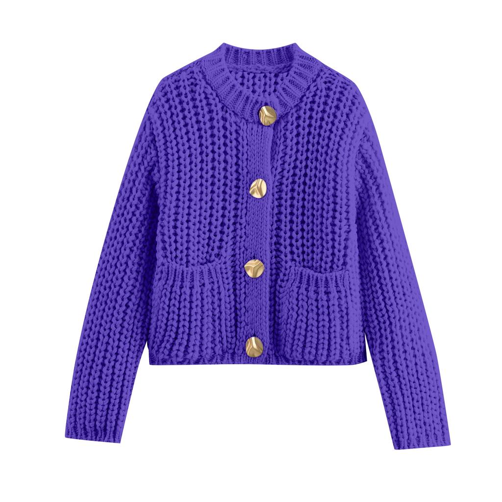 Women's Solid Color Coarse Needle Pocket Button Knit Cardigan Long Sleeved Sweater Jacket