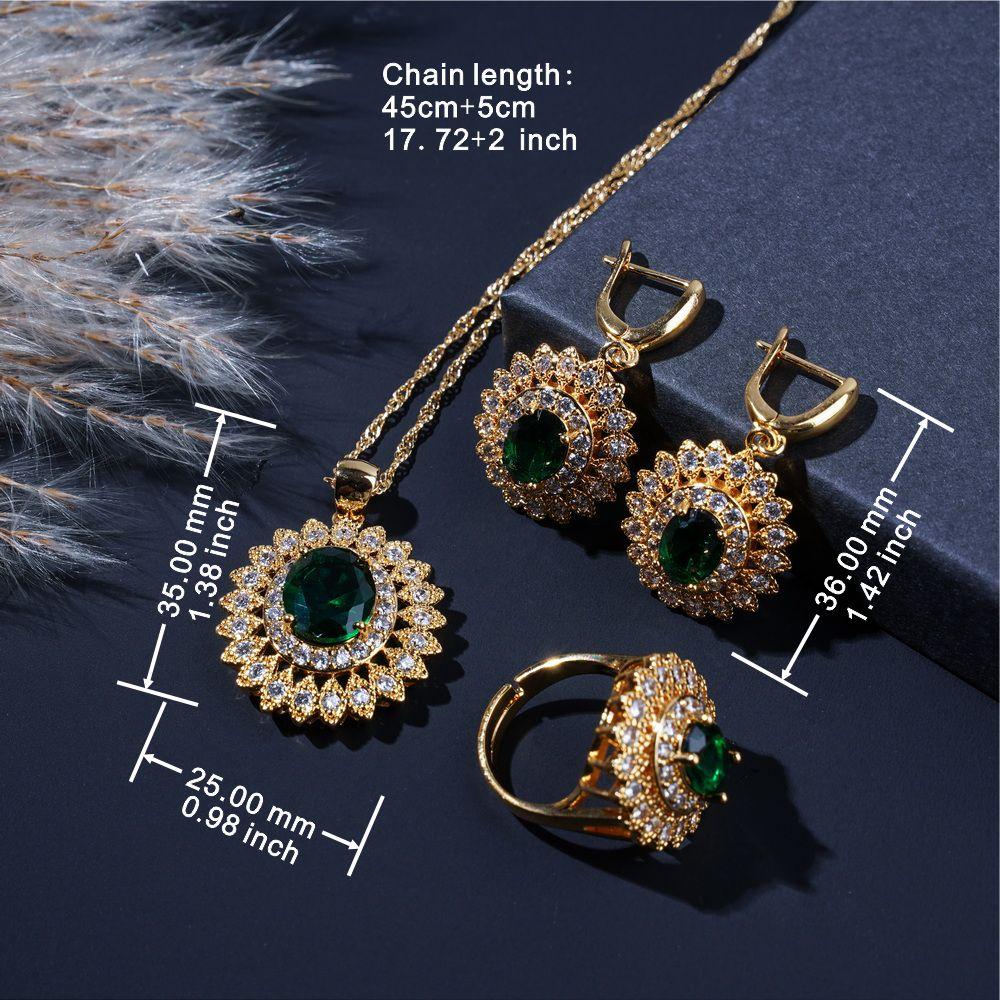 New Green Zirconia  Gold Plated Wedding  Jewelry Sets For Women Flower Style Earrings Necklace Adjustable Ring Bracelet
