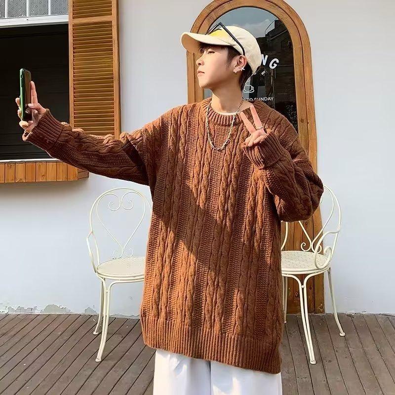 Pullover Sweater Men's Autumn and Winter Solid Color Simple Retro Crew Neck Knitted Sweater Lazy Wind Twist Thread
