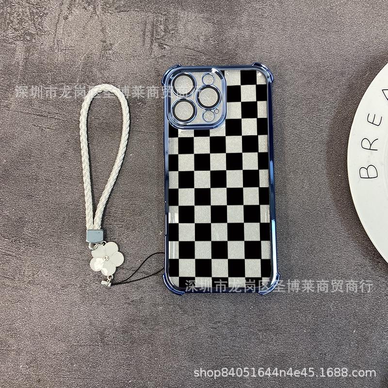 Black plaid applies to iPhone17 mobile phone case, four corners anti-drop airbag 16promax portable rope 15 protective case.