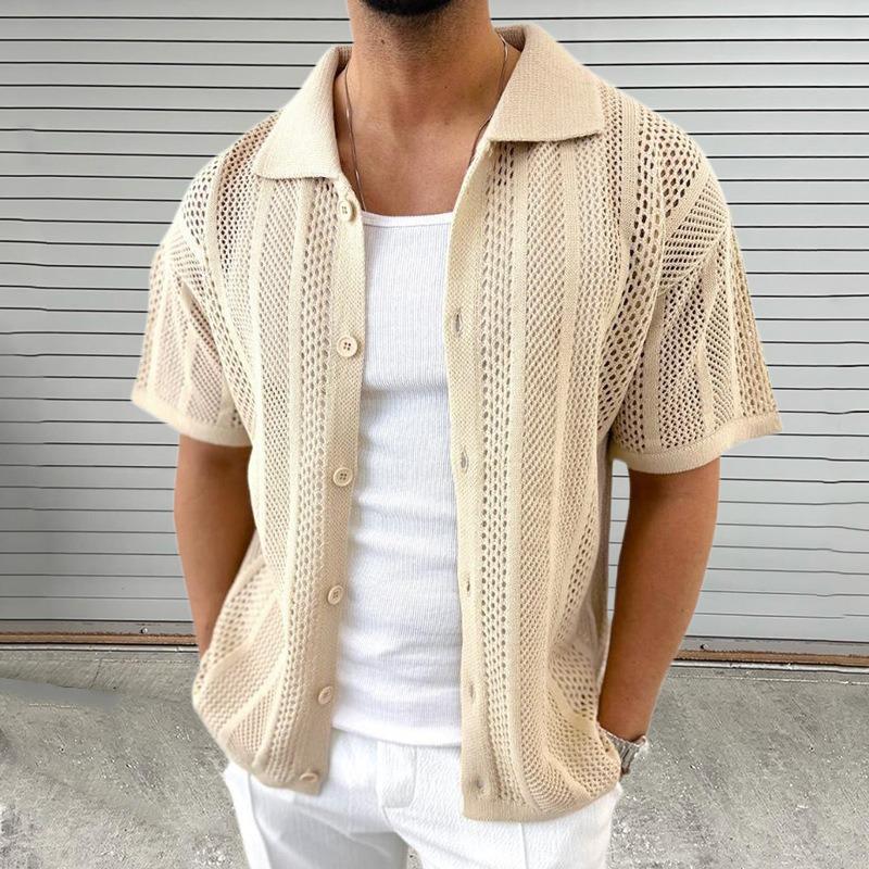 Summer Lightweight Knit Shirt for Men with Collar and Short Sleeves