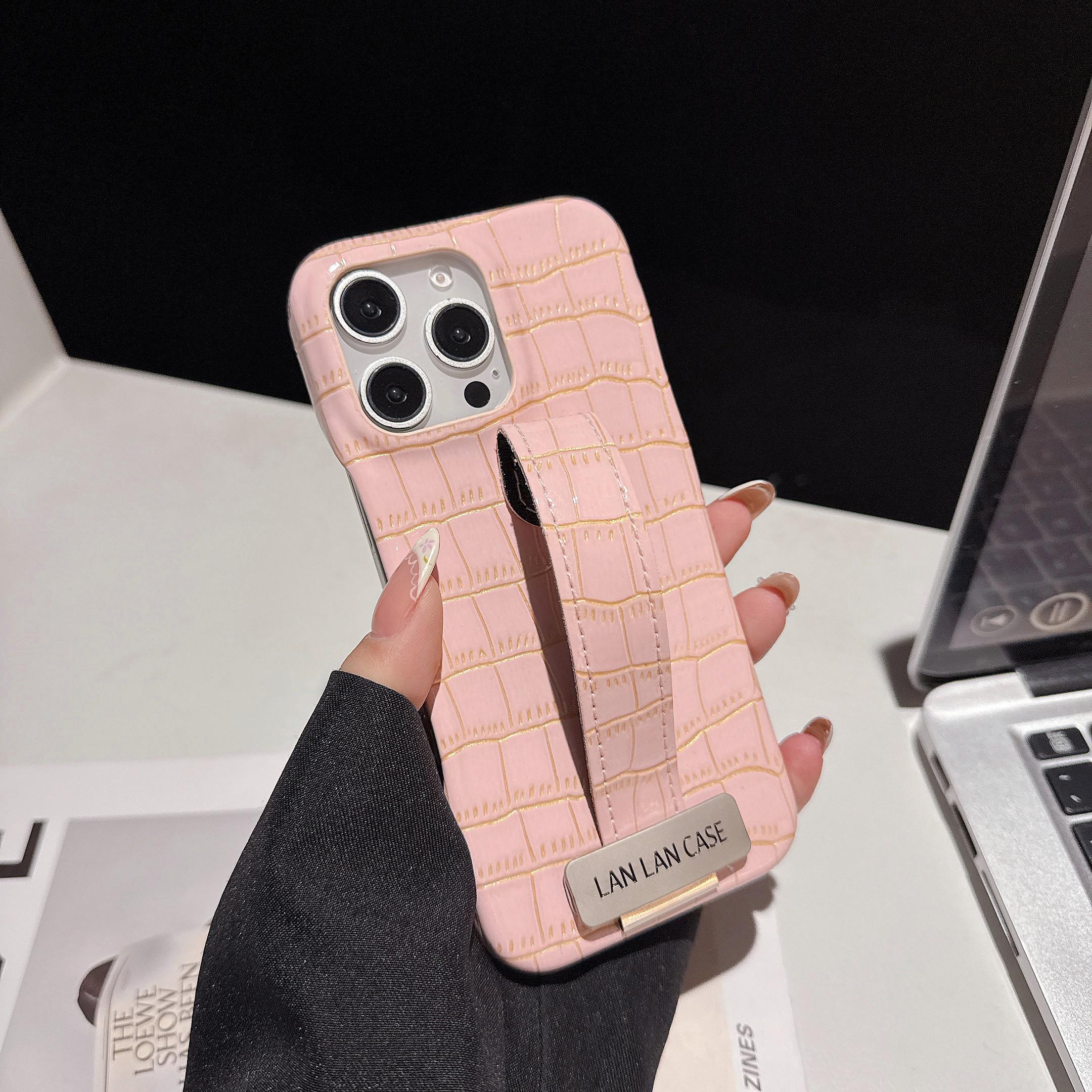 

Роскошный чехол-держатель из искусственной кожи с крокодиловым узором для iPhone 16 15 11 12 13 14 Pro Max с мягкой подставкой iPhone 16 Pro Max розовый
