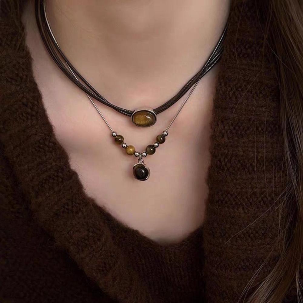 Retro Temperament Geometric Ellipse Tiger's Eye Stone Double Layer Leather Rope Fold Wear Necklace for Women Chokers Jewelry