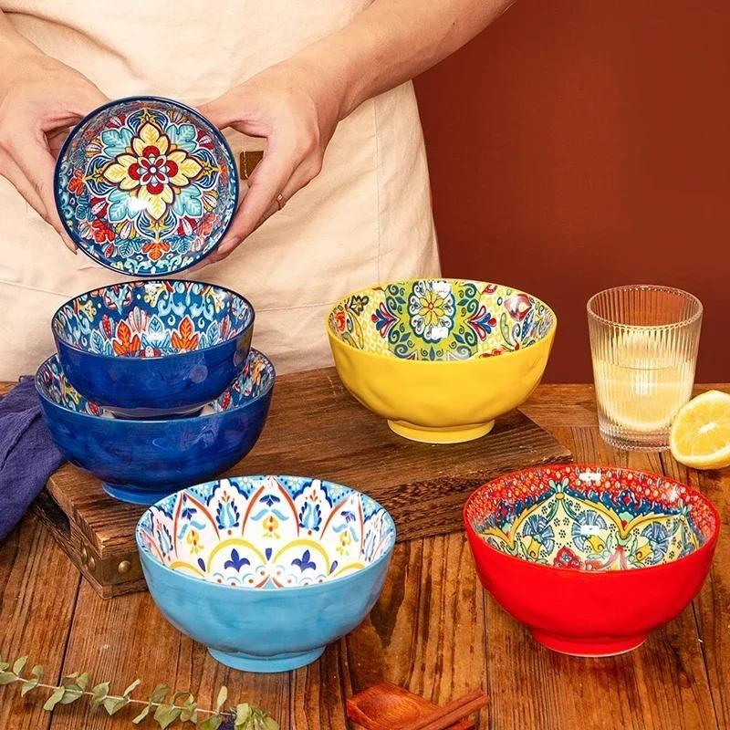 Bohemian Ceramic Bowl Set of 5 Colorful Floral Rice Noodle Soup Bowls for Kitchen Dining