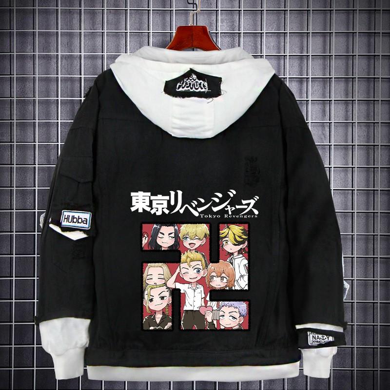 Tokyo Revengers Anime Denim Jacket Fake Two-piece Hoodie Men Youth Streetwear