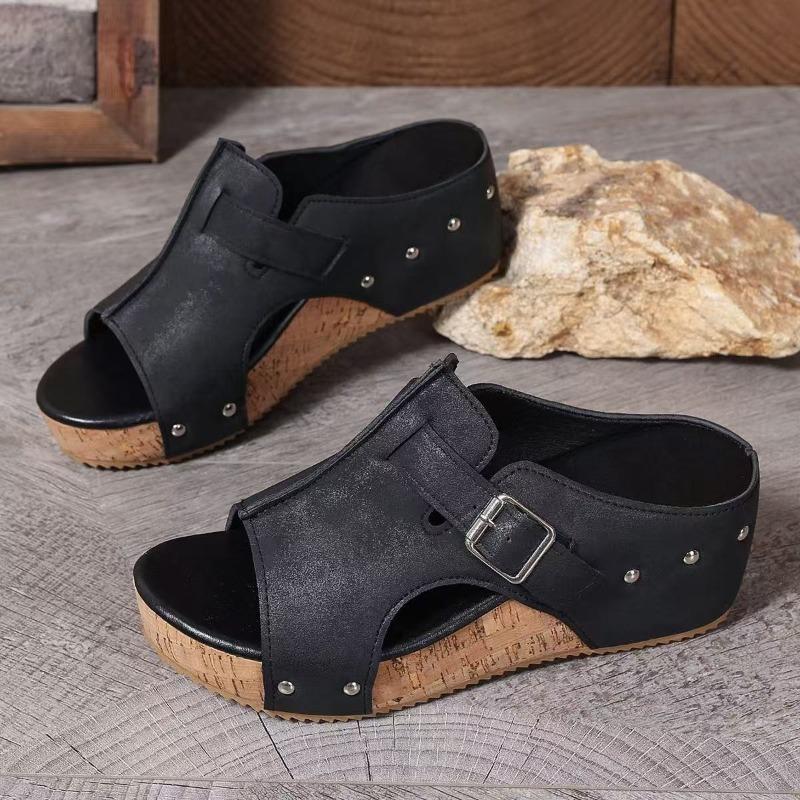 Women’s Studded Wedge Sandals, Chunky Heel, Summer Casual Slip-Ons