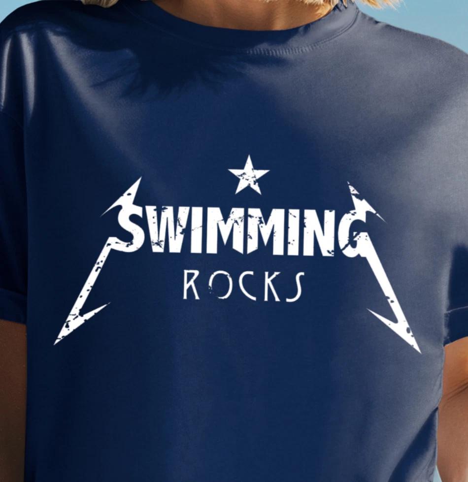 Swimming Rocks T-Shirt | Swim Team Metal Logo Tee, Gifts for Swimmers, Swim Tee M