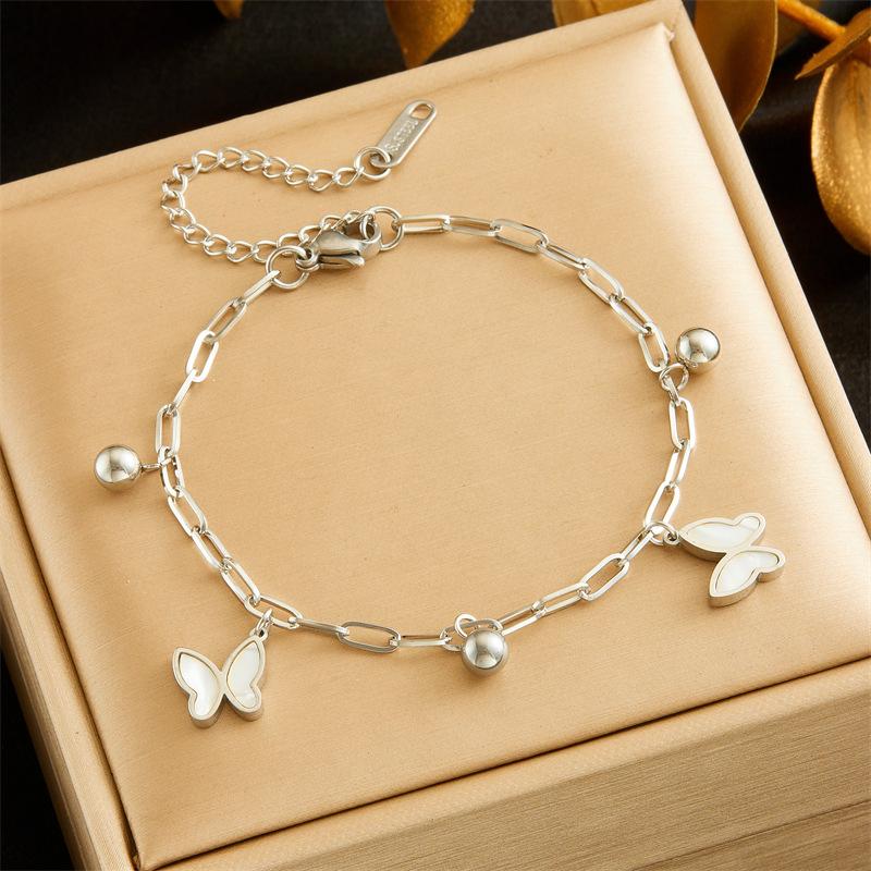 Gold Paperclip Chain Butterfly Charm Bracelet with Mother of Pearl