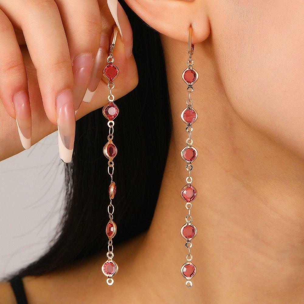 Copper Chain Rhinestone Earrings Colorful Rhinestone Long Tassel Earrings  Banquet Jewelry