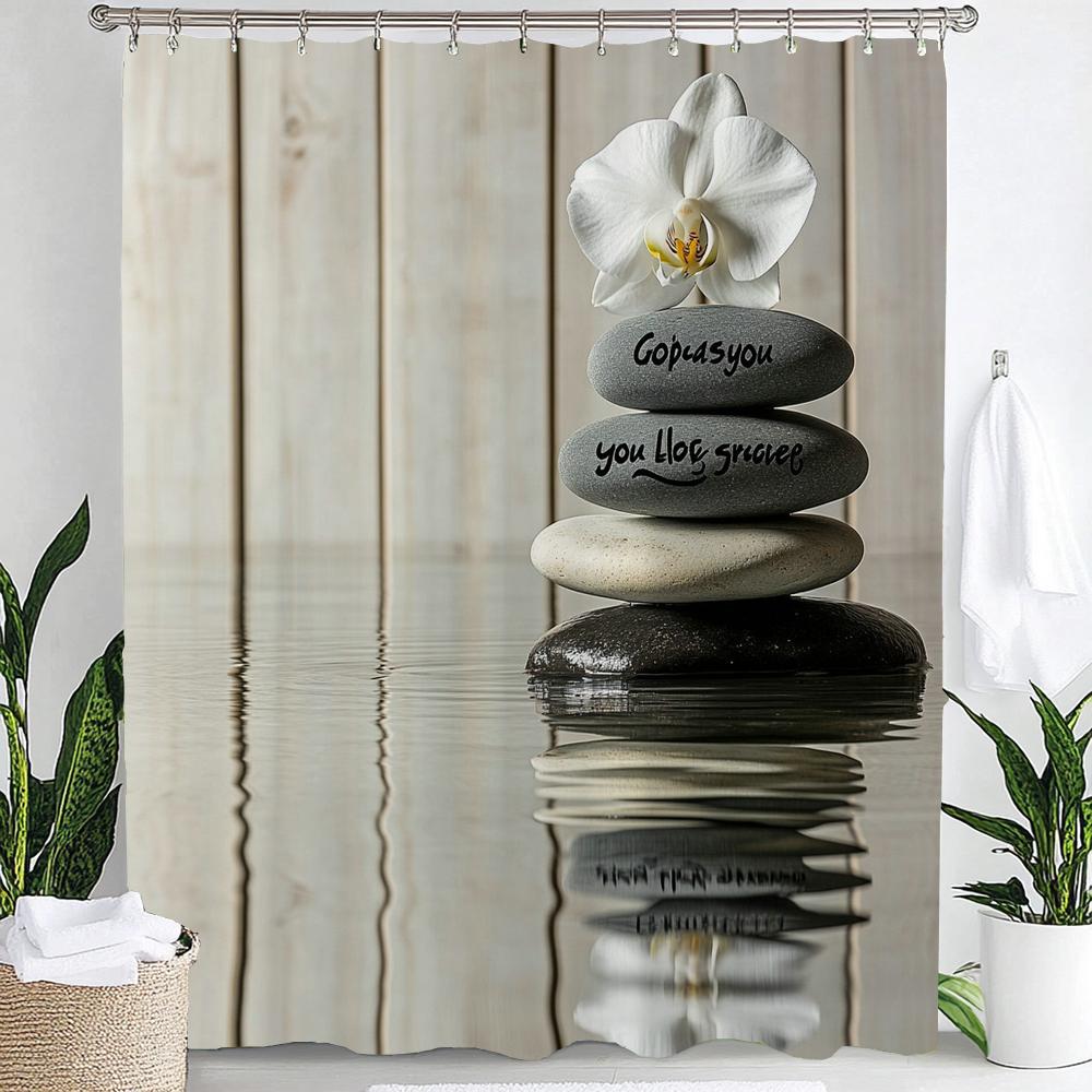 Zasłona prysznicowa Ogród Zen, Kamień, Kwiat, Spa, Japońska Medytacja Łazienka Dekoracyjna Zasłona Prysznicowa, Wodoodporna Zasłona Prysznicowa