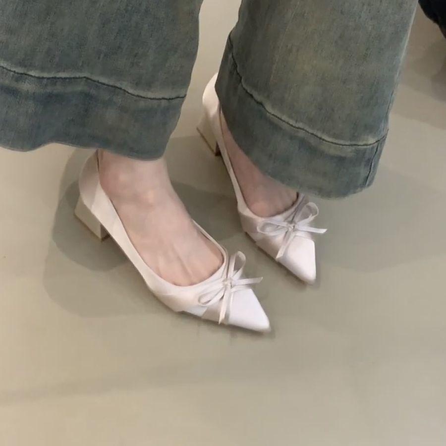 Pointed temperament high heels women's spring and summer new French gentle bow thick heel single shoes light mouth evening commuter shoes