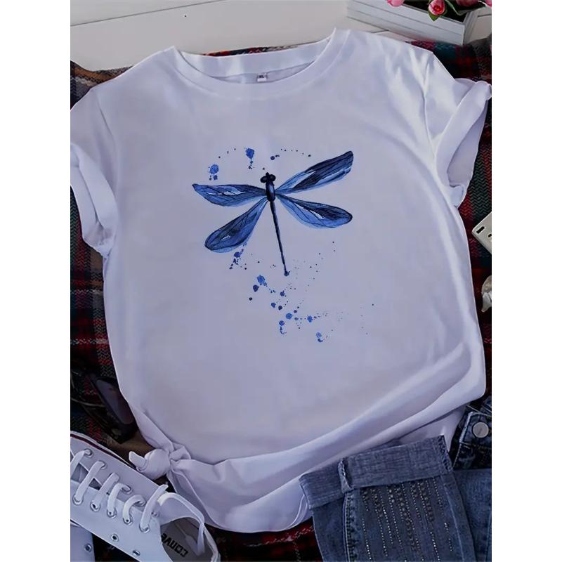 

Футболка большого размера для женщин с принтом стрекозы, короткий рукав, круглый вырез, средняя эластичность 5XL