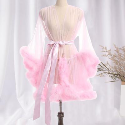 Yousheng Lady Camisola Plush Trim Ultra Fino Transparente Malha Babados com Cintura Ajustável Gravata Cor Sólida Pijama Plissado Sacanagem Festa Vestir Pijamas