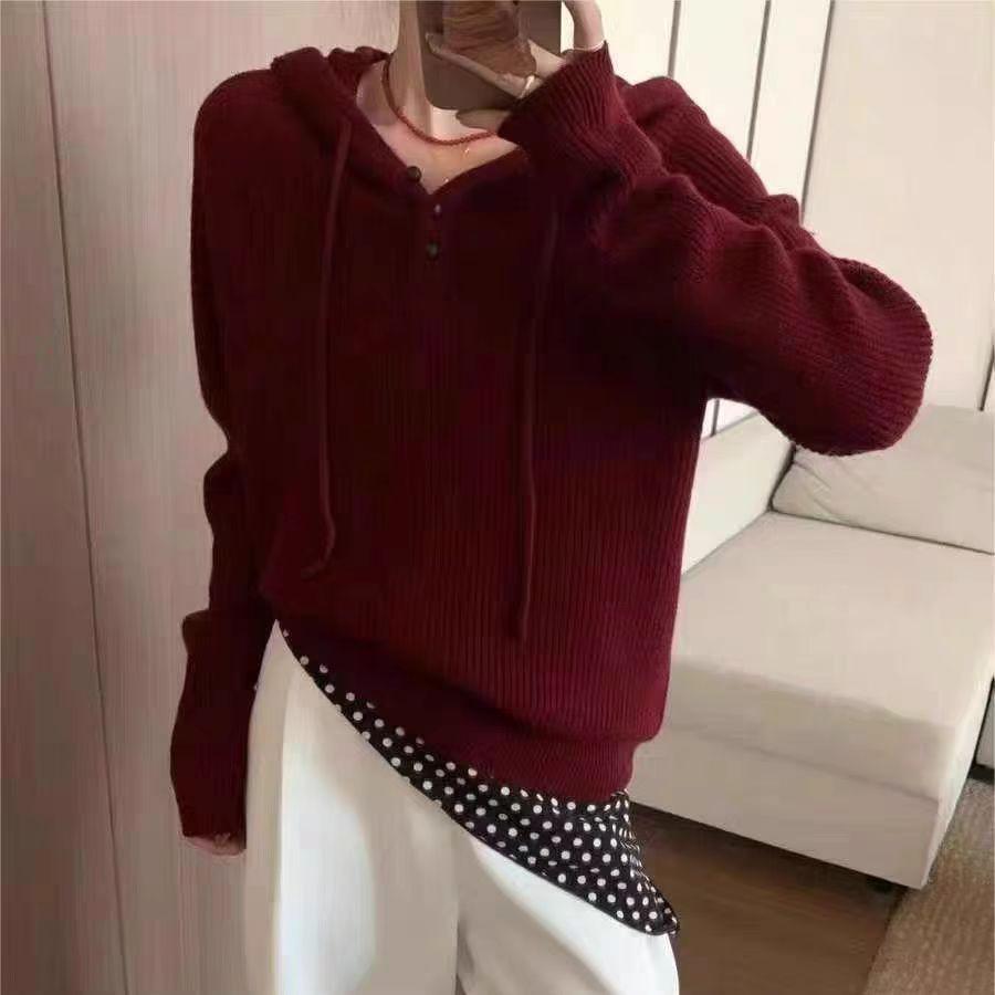 2025 Autumn/Winter Women's Korean Style Three-Button Loose Knit Hoodie Sweater