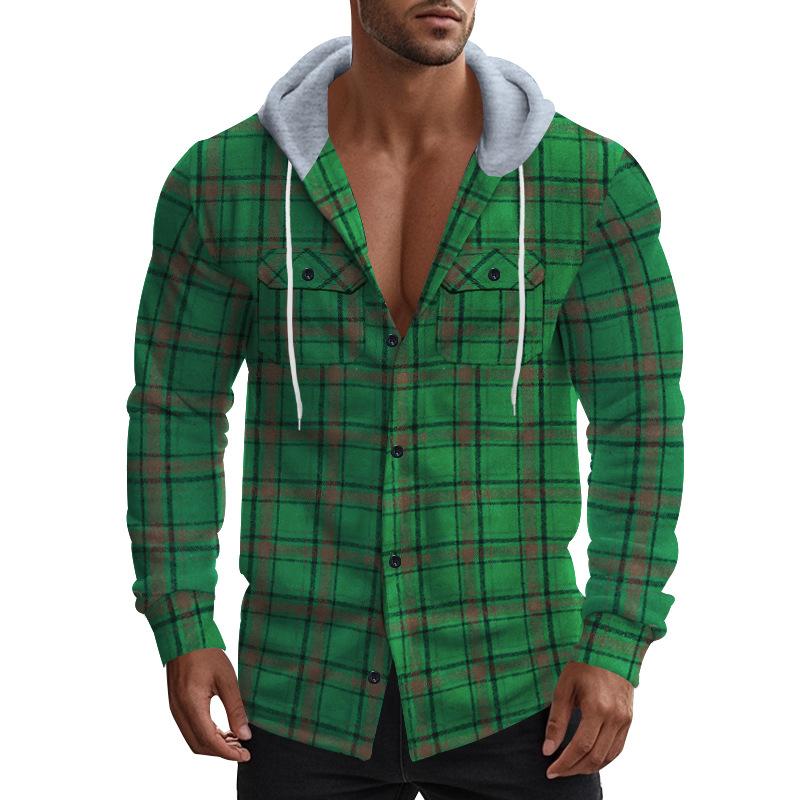 American Retro Plaid Shirt Men'S Autumn And Winter Hooded Flannel Jacquard Shirt Casual Jacket Men