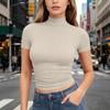 Dames T-shirt met korte mouwen, slank gesneden, met opstaande kraag, rekbaar, lichtgewicht, ademend, basic top voor dagelijks gebruik