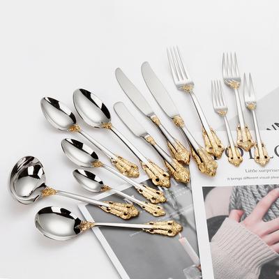 Stainless Steel Silver Flatware Set, Vintage Cutlery, Hollow Handle, Silverware for Wedding, Baroque, 18/10, Glossy Gold