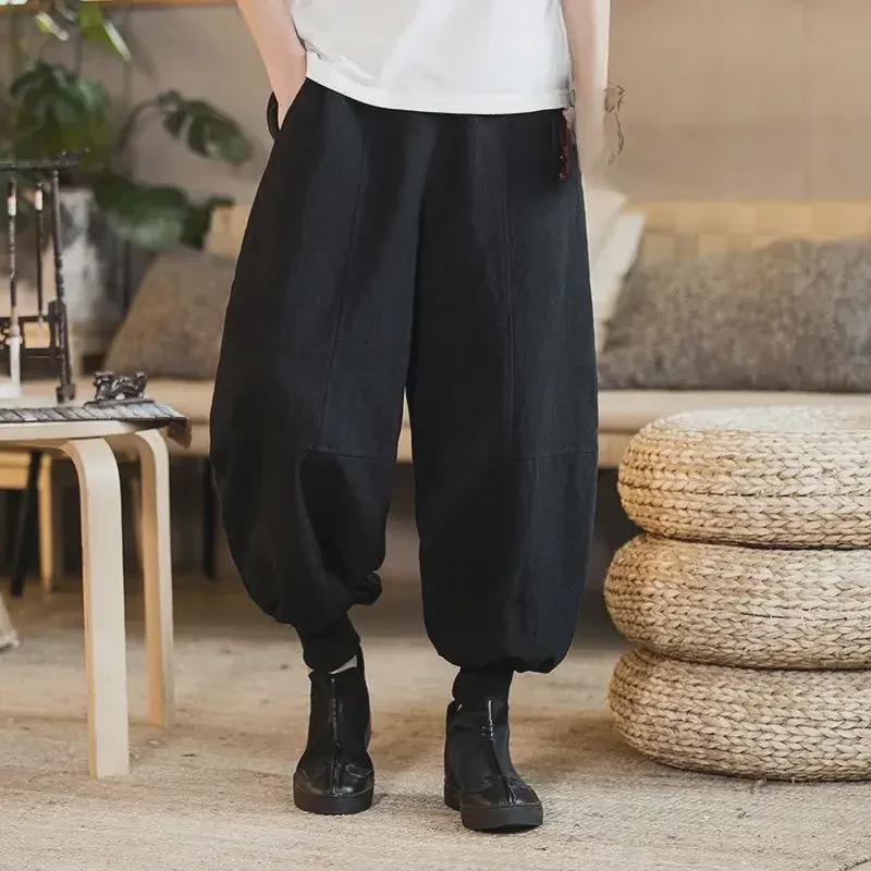 Men's Plus Size Chinese Style Embroidered Cotton-Linen Wide-Leg Summer Pants