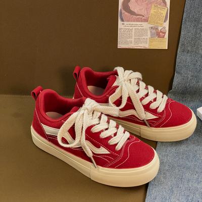 2024 New Sneakers Women Platform Suede Red Female Vulcanized Shoes Casual Ladies Flats Lace Up Woman Sports Sneakers Canvas Shoe