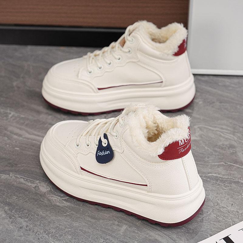 Women's Cotton Shoes with Winter Velvet White Shoes Women's New Popular Leather Sports Comfortable Leisure Board Shoes Keep Warm