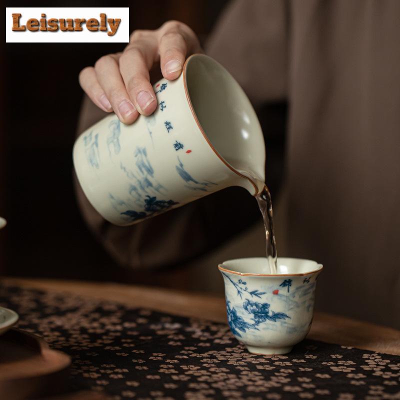 200ml Antique Ru Kiln Ceramic Fair Cup Cicada Wing Opening Golden Wire Tea Pitcher Flower Bird Justice Cup Tea Divider Teaset