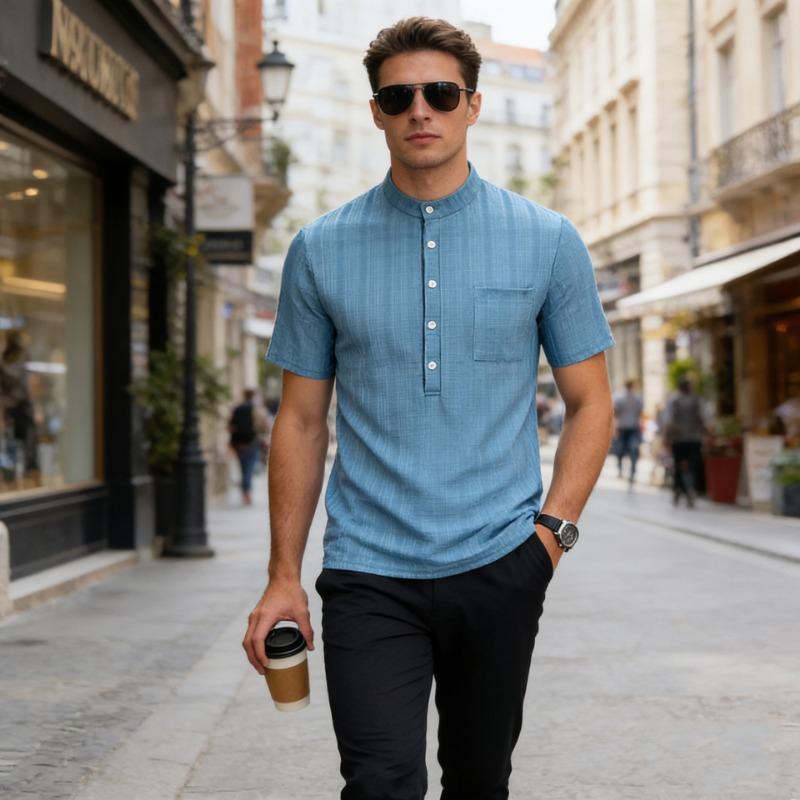 Men Mandarin Collar Half Button Chest Pocket Plaid Textured Short Sleeve Shirt