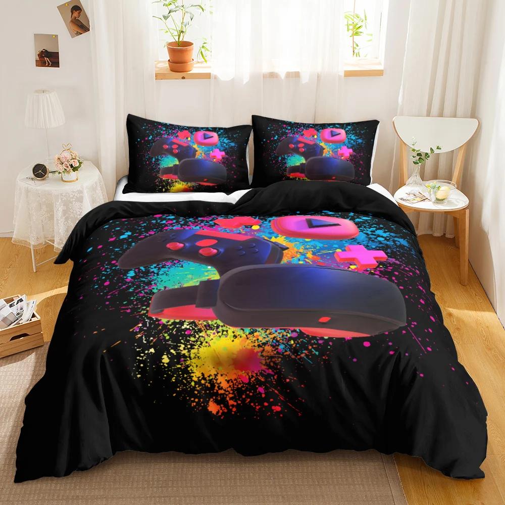 Games Duvet Cover Set Gradient Gaming Comforter Cover for Kids Teen Gamepad Bedding set Neon Games Polyester Qulit Cover