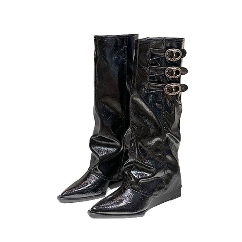 2026 New Fashion Versatile Pointed Inner Height Increasing Skinny Pant Tube Boots Women's Belt Buckle Knight Boots