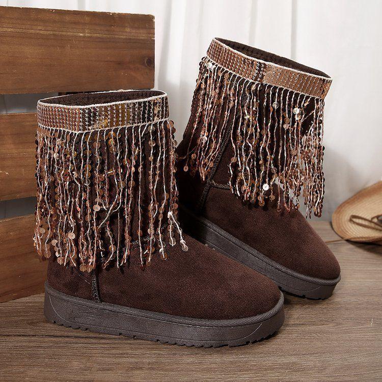 2025 Independent Station Foreign Trade New Round Head Suede Casual Women's Leather Boots Sleeve Fringed Boots Thick High School Heel Women's Shoes