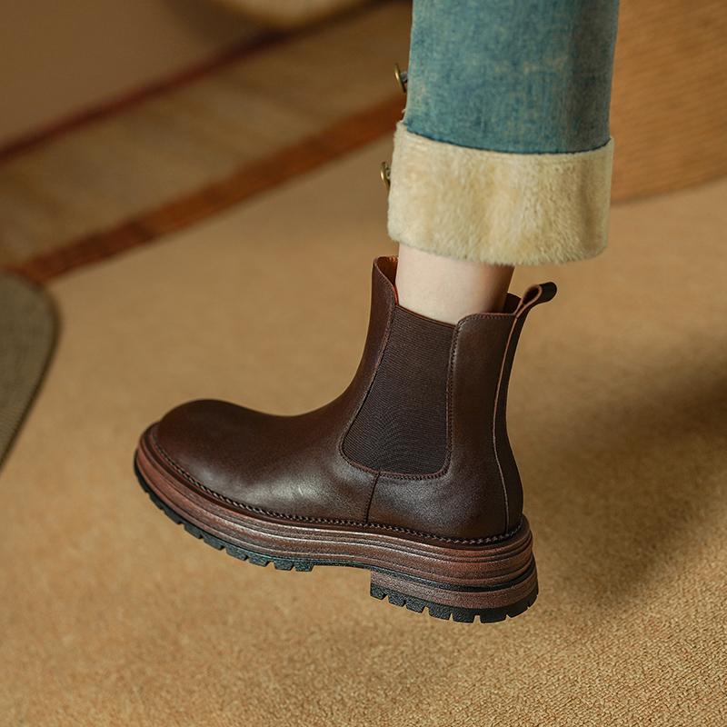 Móda 2025 Zima Pravá Kůže Vlna Sněhule Kulatá Špička Vysoké Podpatky Platformy Boty Elastický Pás Krátké Boty Žena Základní Kozačky