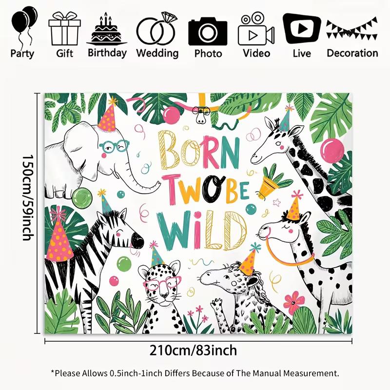 2D Jungle Themed 2nd Birthday Backdrop Cloth for Photo Booth & Decor