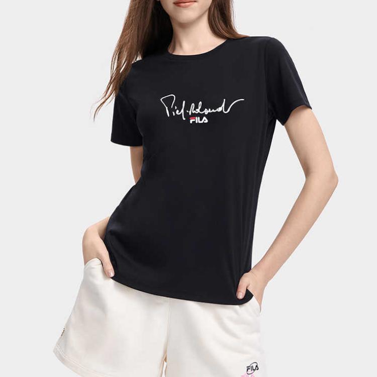 Fila Logo Rundhals Lässiges Lockeres Strick Kurzarm T-Shirt Damen Oberteile Schwarz F51W328102FBK