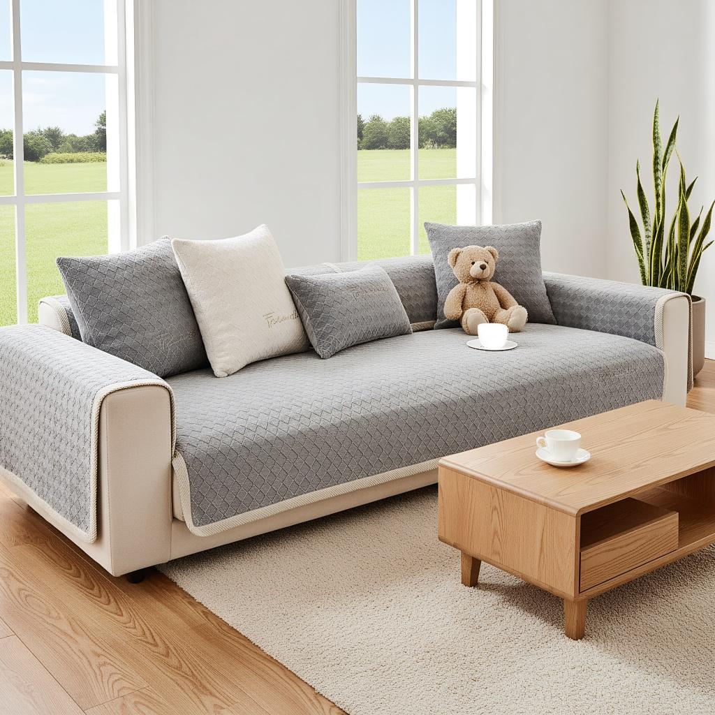 Milk Velvet Sofa Cover Plush Thickened Plaid Couch Mat Living Room Sofa Cover Solid Color Non-Slip Sofa Armrest Backrest Towel
