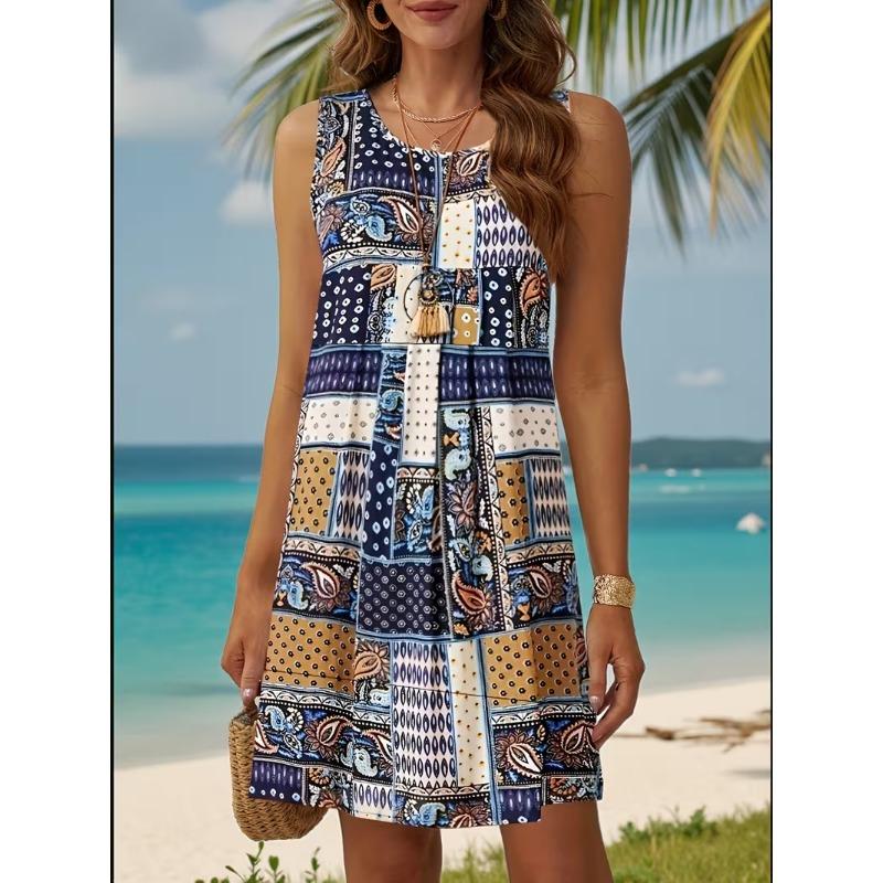 Women's Geometric Floral Print Sleeveless Dress - Suitable for All Seasons, Suitable for Summer Beach Wear