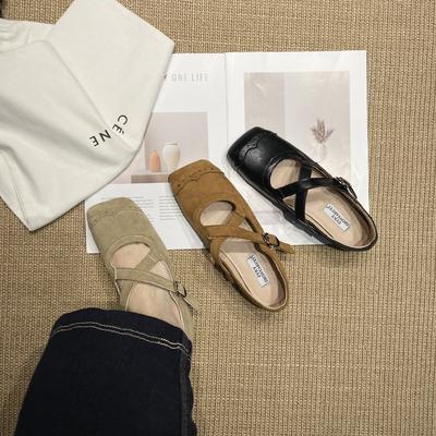 Retro Cross-strap Square Head Flat-soled Single Shoes for Women's Spring and Autumn New Soft-soled Ballet Shoes Commuting Versatile Grandma Shoes for