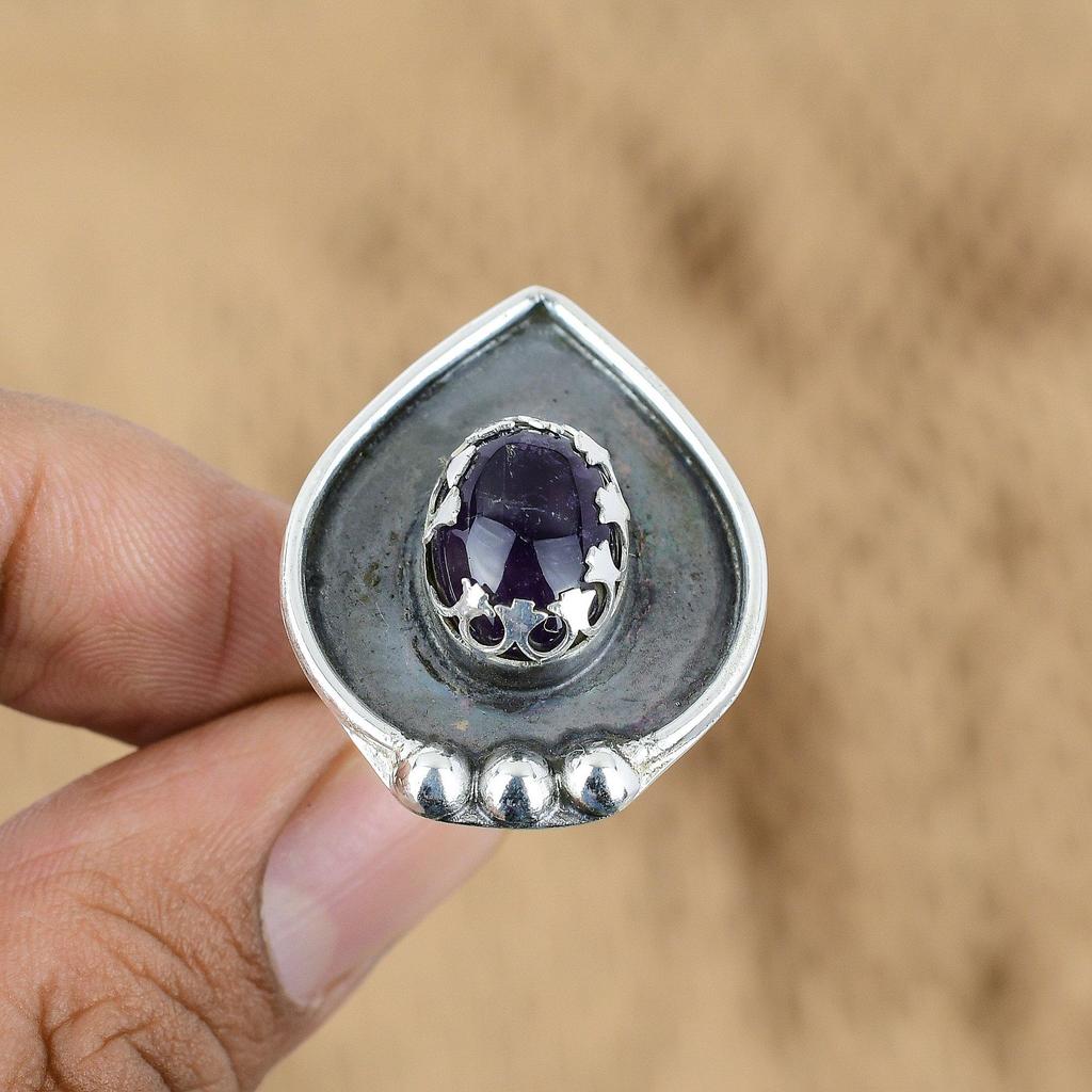 Natural African Amethyst 925 Silver Multi Stone Adjustable Ring For Girls