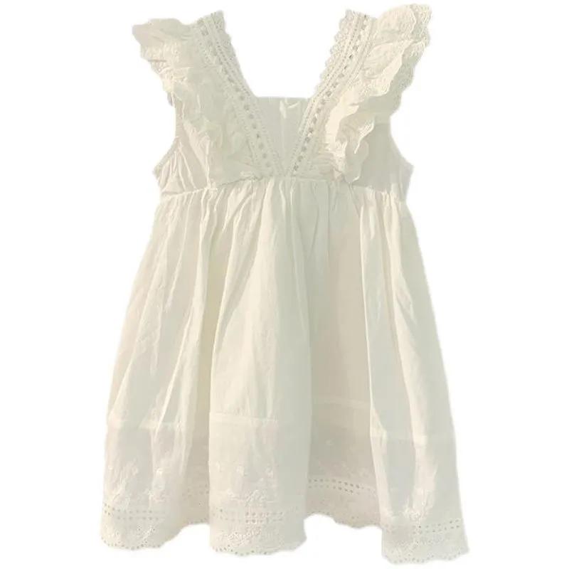 Barn Jenter Hvit bomull Tynn Kjole Sommer Blonder Prinsesse V-hals Kjoler Barn Baby Bryllupsfest Vestidos