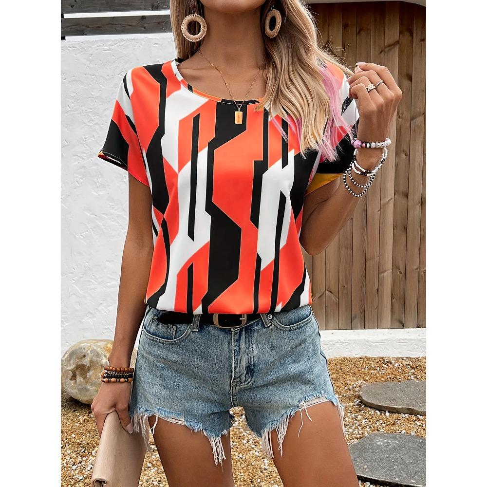 T-Shirt Damen Sommer Freizeit elegant Temperament Rundhals Kurzarm geometrisches Muster Top locker lässige Kleidung Damen T-Shirt