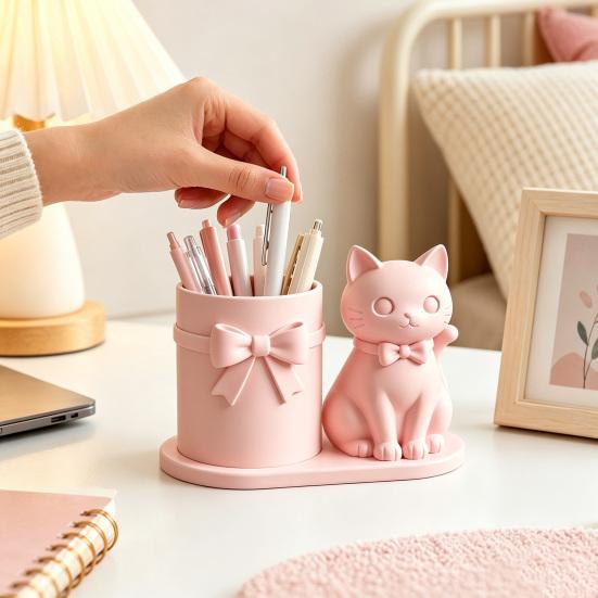 huaqianguhh Cat Pen Holder, Cute Kitty Desk Organizer with Pens, Pencils, Makeup Brushes, 3D Printed Sculpture for Home Office Decor