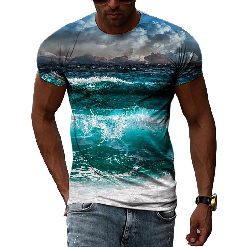 Ocean Wave Pattern T-Shirts Summer Fashion Beach Short Sleeve 3d Printed Top Loose Casual Round neck Holidaywear Mens Tees