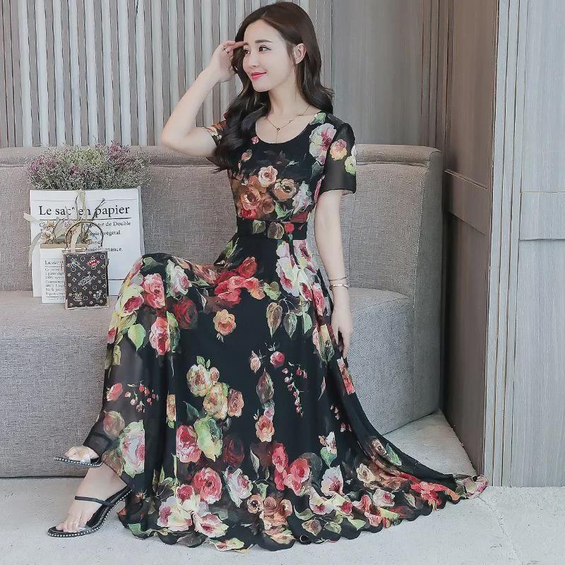 180g Korean Printed Ice Silk Dress, Round Neck, Medium-Length, Plus Size, Summer Skirt for Middle-Aged Women