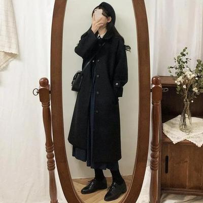 Hepburn Style Black Woolen Coat Women's Autumn and Winter Mid-length Coat