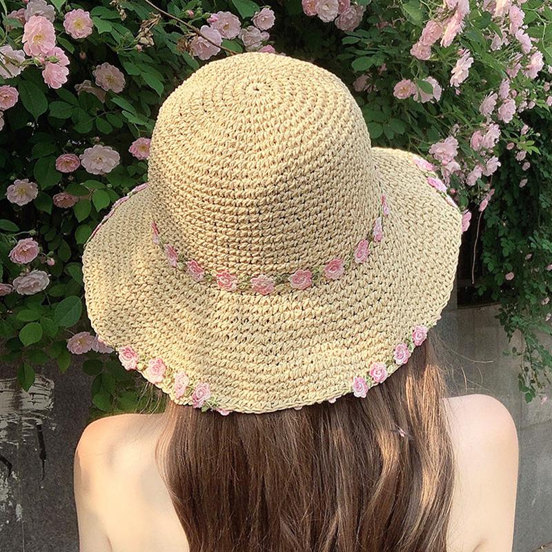 Women'S Wide Brim Lace Straw Hat Beach Hollow-Out Sun Cap For Seaside Vacation