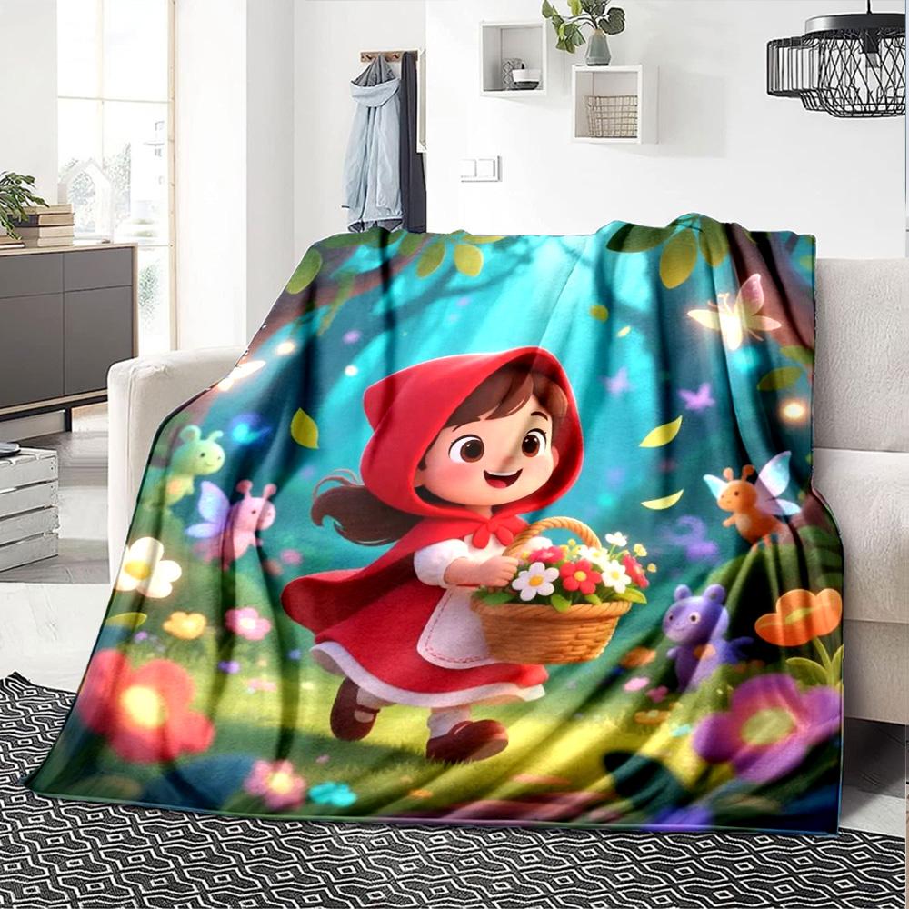 Cute Little Red Riding Hood Magic Forest Flower Elf Fairy Tale Print Flannel Blanket Soft Warm Throw Blanket For Sofa Bedroom