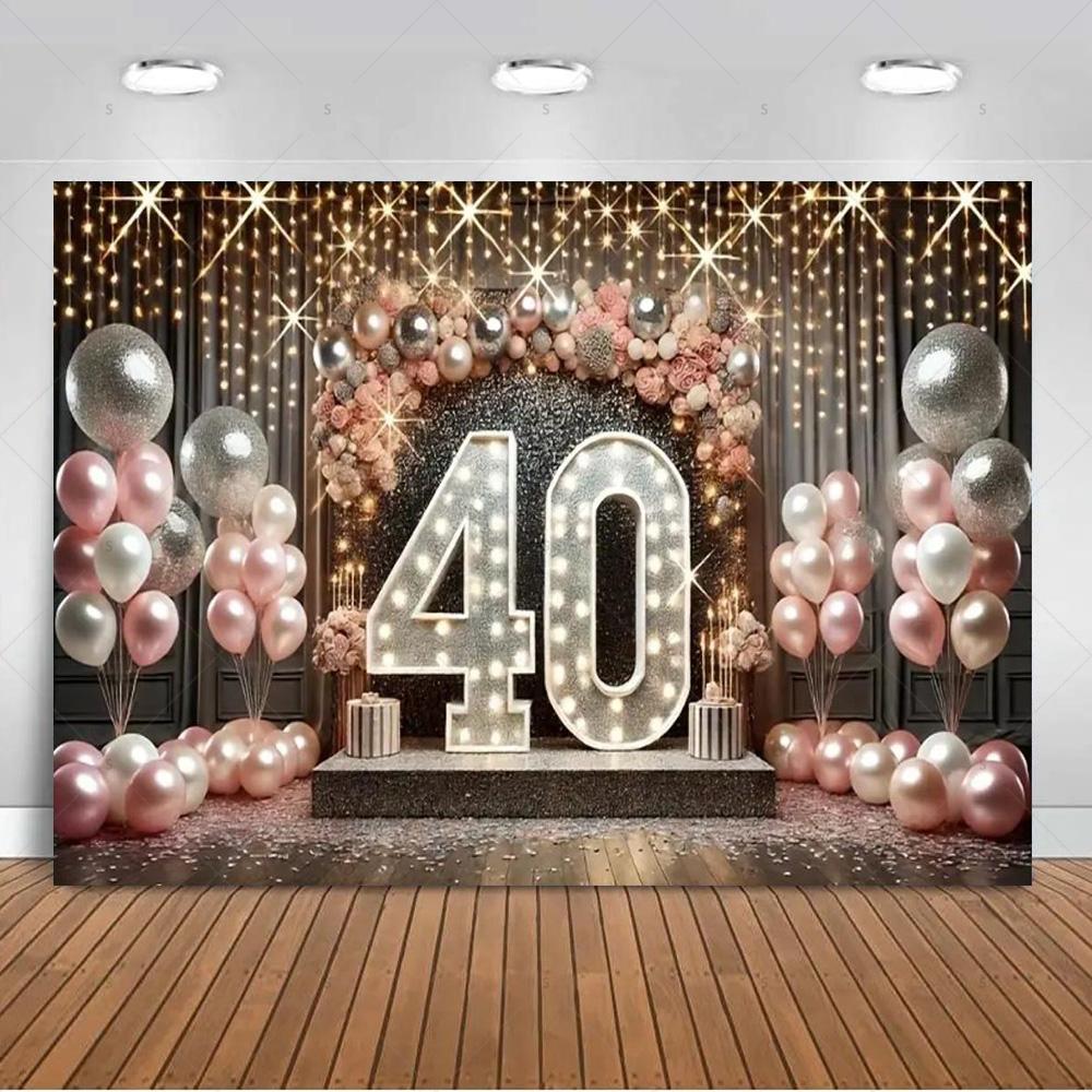 Rosa Gullballonger Bakgrunn med Glitter Banner 40-årsdag Festdekorasjoner Glitrende Fotobakgrunn Utstyr Voksengaver