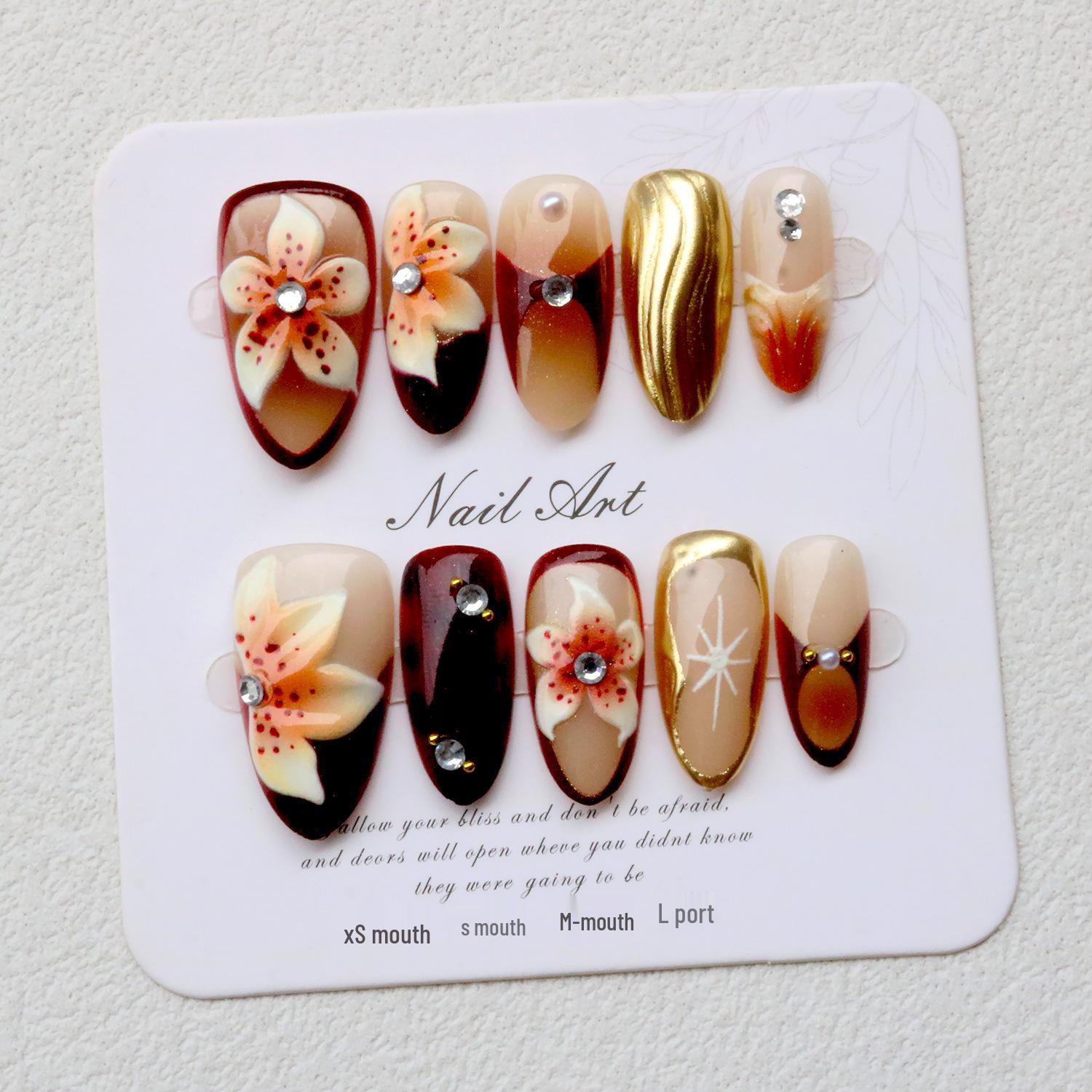 Deep Coffee Leopard Print Rhinestone French 3D Flower Nails - Elegant Skin-Brightening Art
