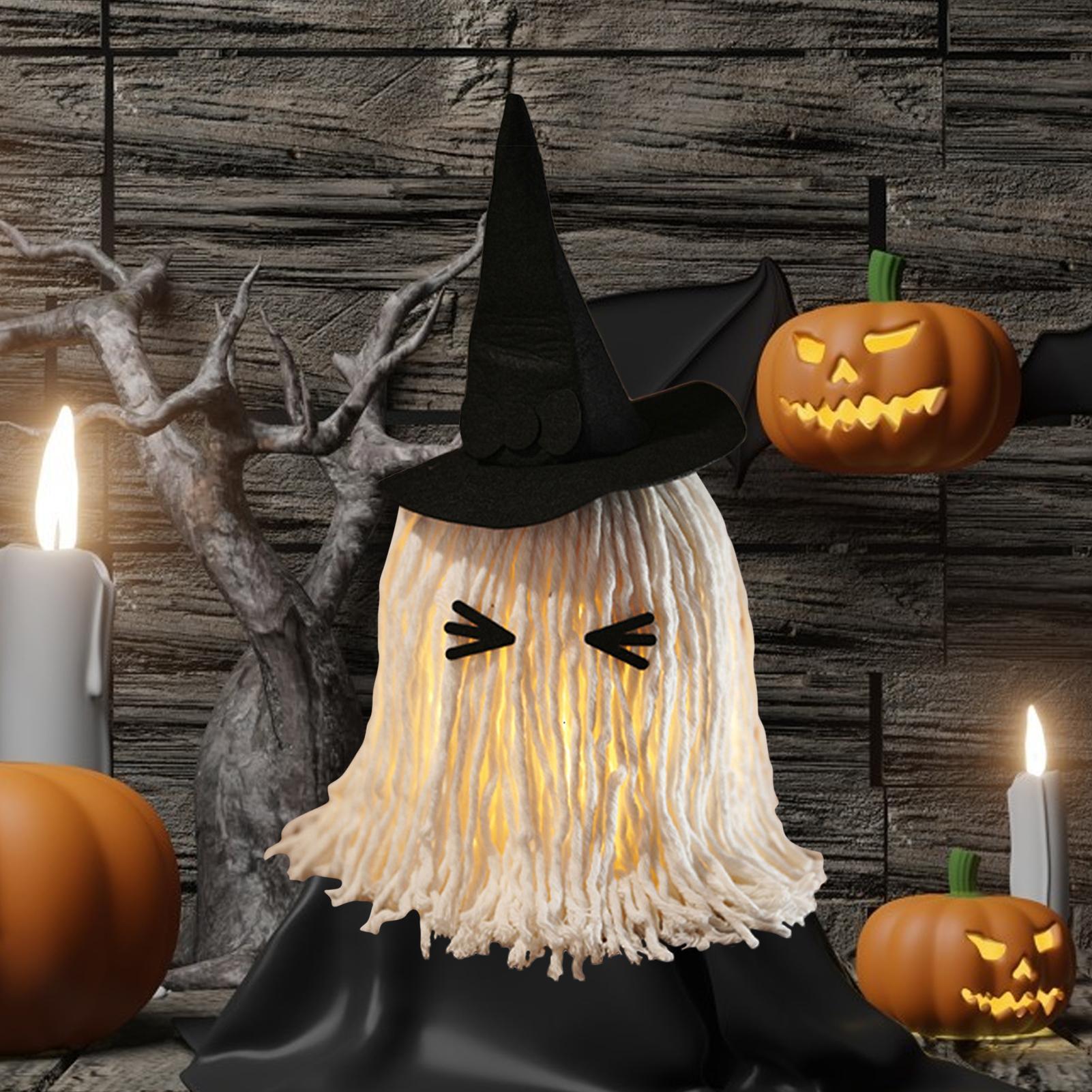 

Halloween Decorations Light Up Ghost Adorable Table Decor Lighted Mop Ghost with Witch Hat Scary Haunted House Props for CN