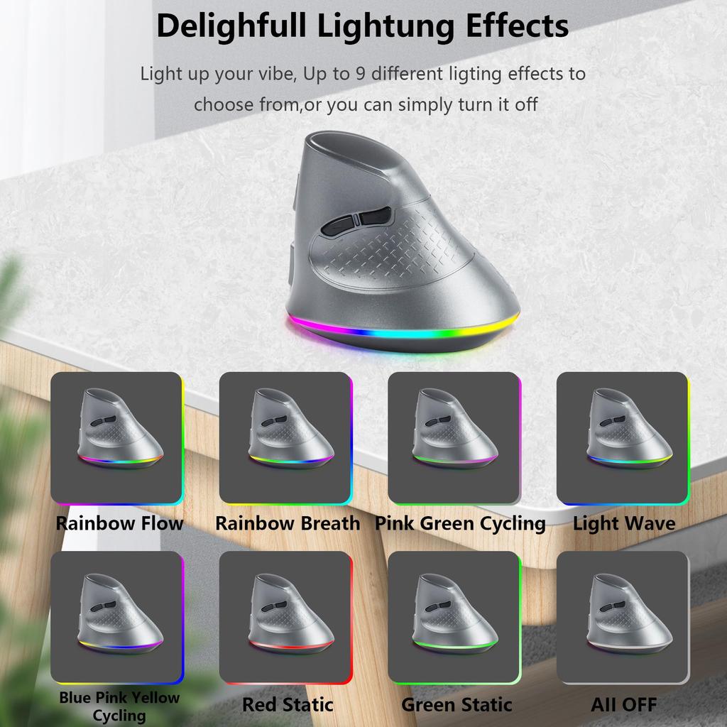 Vertical Bluetooth USB Large USB 7 3200 Cursor RGB Ergonomic Compatible with Mac Windows 8 and and Android Tablets Mouse, 5.1, Wireless, 3-Mode,